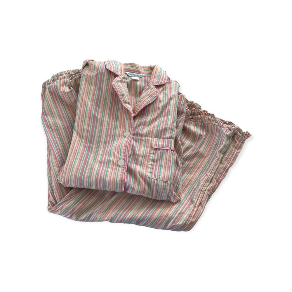 Cuddledown Pajama Set Medium M Pink Pastel Striped Shirt Capri Sleep Pants